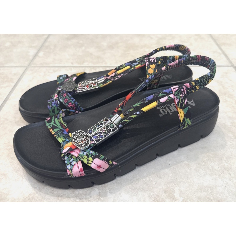 Alegria Roz Strappy Sandal Womens 39/9 Get Away Black T Strap Shoe Floral Casual
